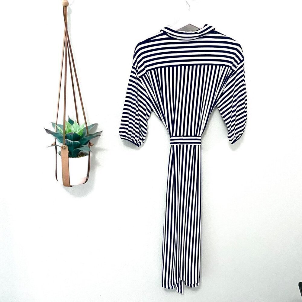 Indies Loyal Navy White Stripe Tie Waist Technical Jersey Dress Size 38 - Picture 6 of 6